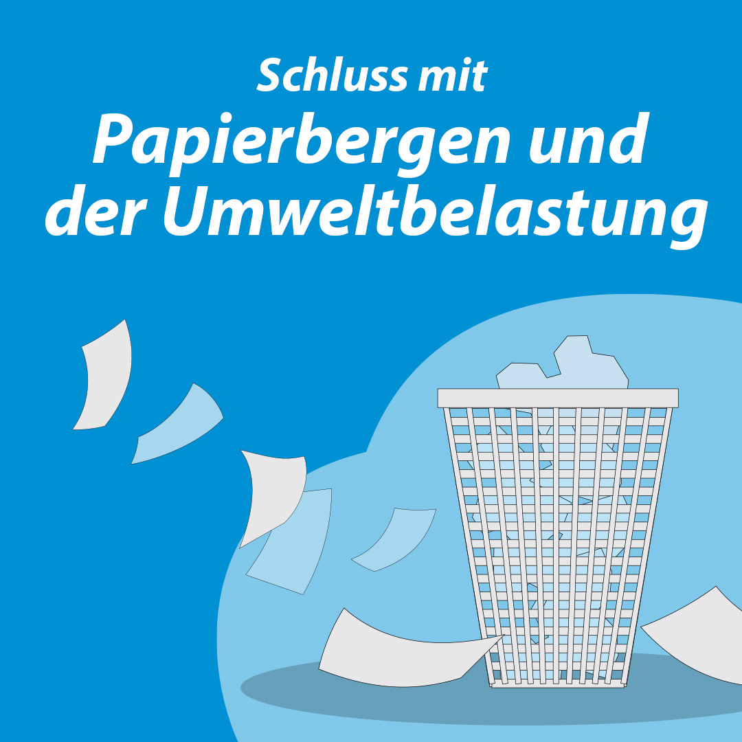 M-net Grafik zur digitalen Rechnungsstellung. Schrift: Schluss mit Papierbergen und der Umweltbelastung. Blauer Hintergrund, im Vordergrund ein weißer Papierkorb und weiße Papiere.