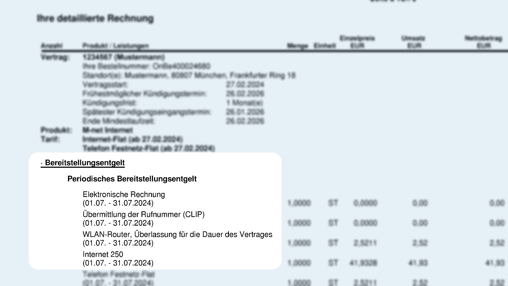 Unter den Vertragsdaten findet man die Informationen zum Bereitstellungsentgeld