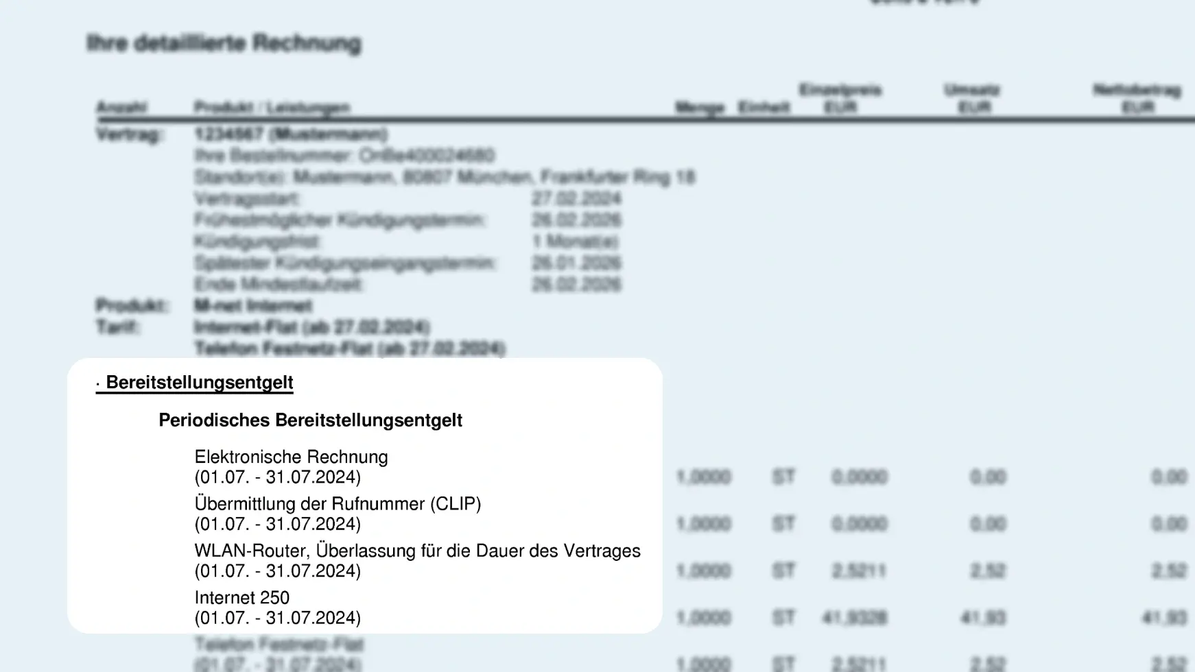 Unter den Vertragsdaten findet man die Informationen zum Bereitstellungsentgeld