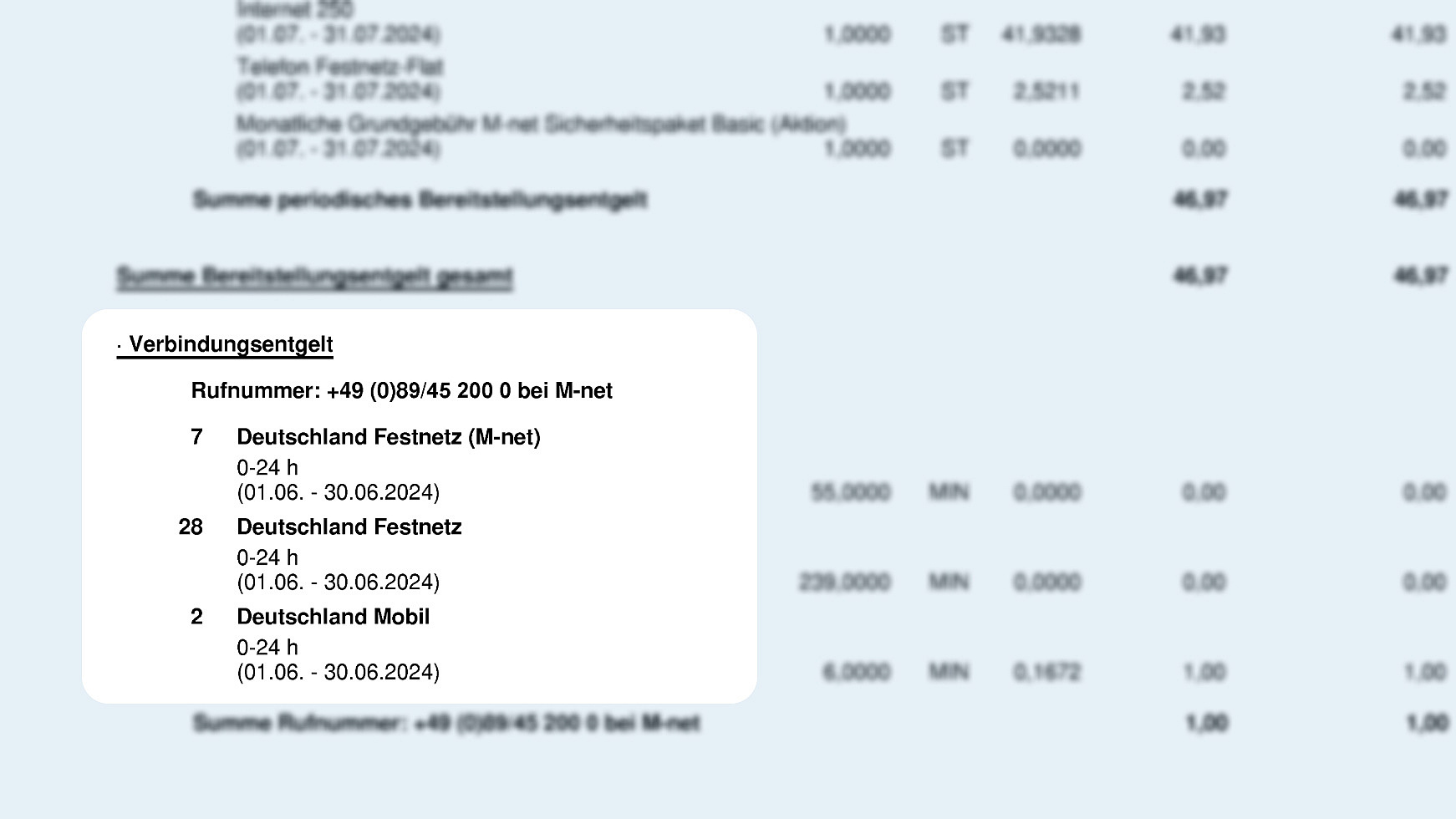 Unter dem Reiter Bereitstellungsentgelt, befindet sich die Information zum Verbindungsentgelt.