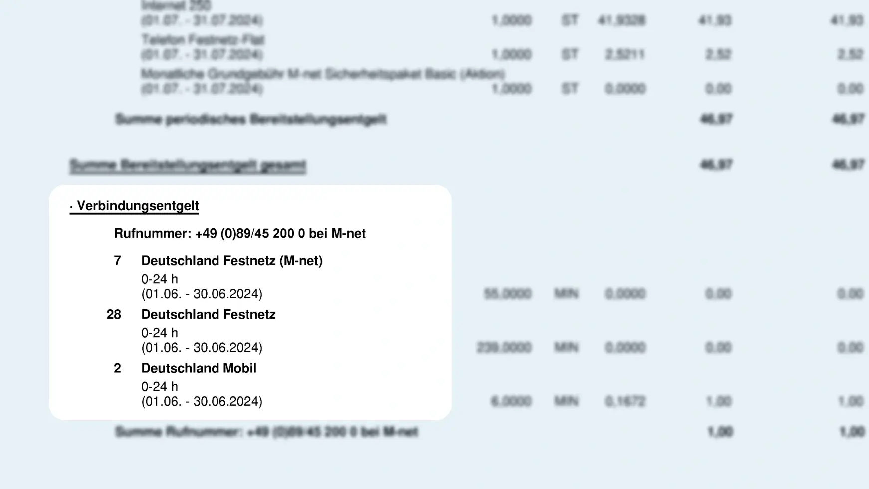 Unter dem Reiter Bereitstellungsentgelt, befindet sich die Information zum Verbindungsentgelt.