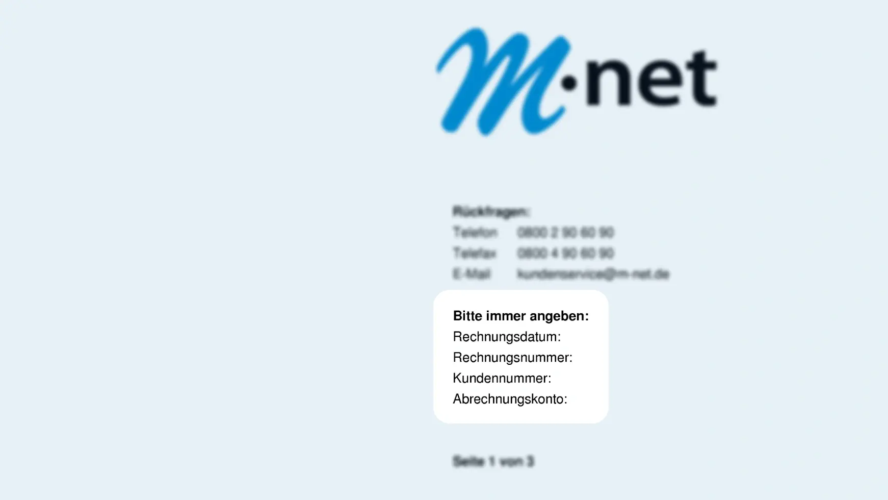Rechnungsteil mit: Rechnungsdatum, Rechnungsnummer, Kundennummer, Abrechnungskonto. Diese Daten benötigen wir, um ihnen weiterhelfen zu können.