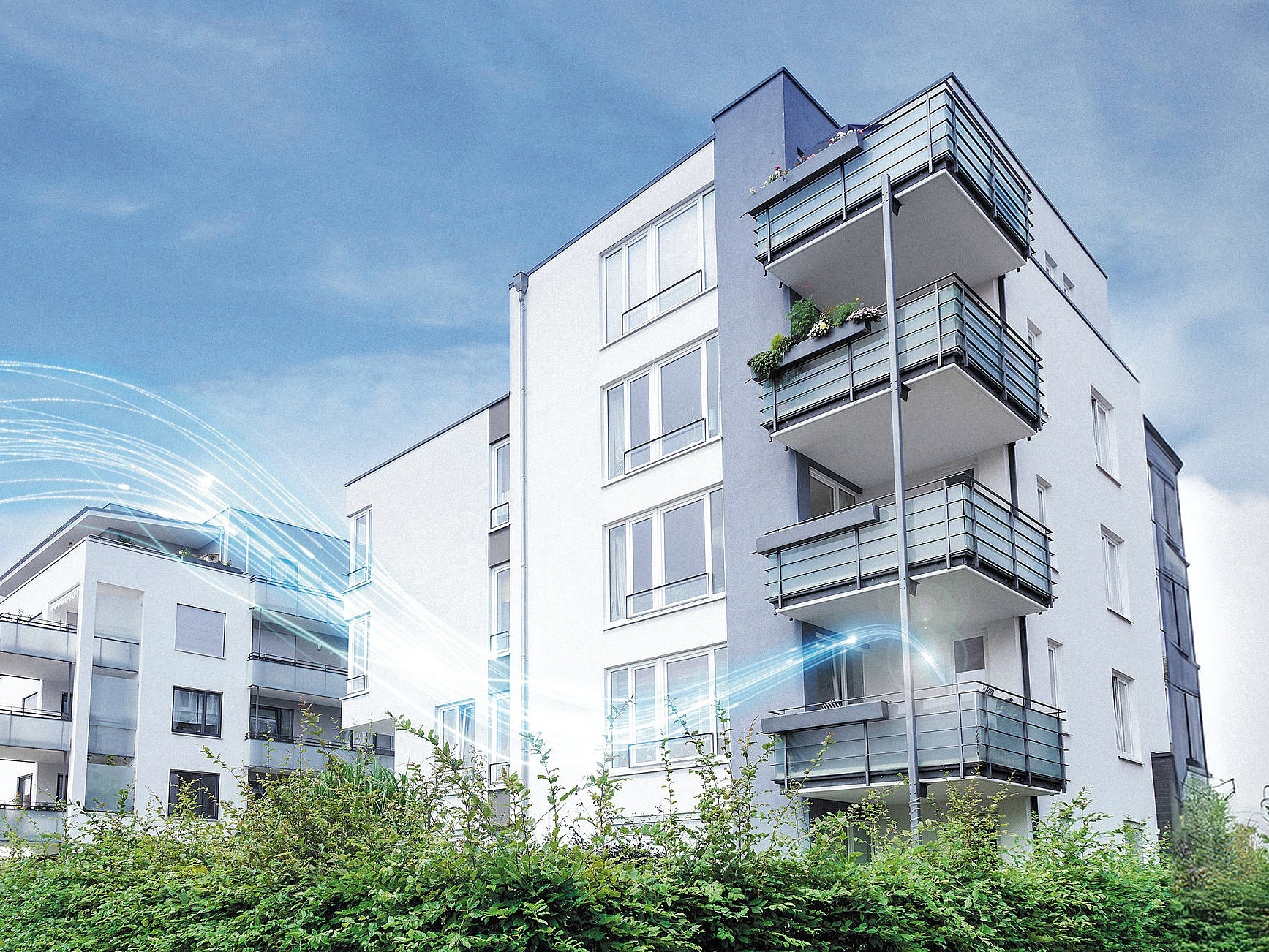 Gebäude mit einem stilisierten Glasfaserkabel