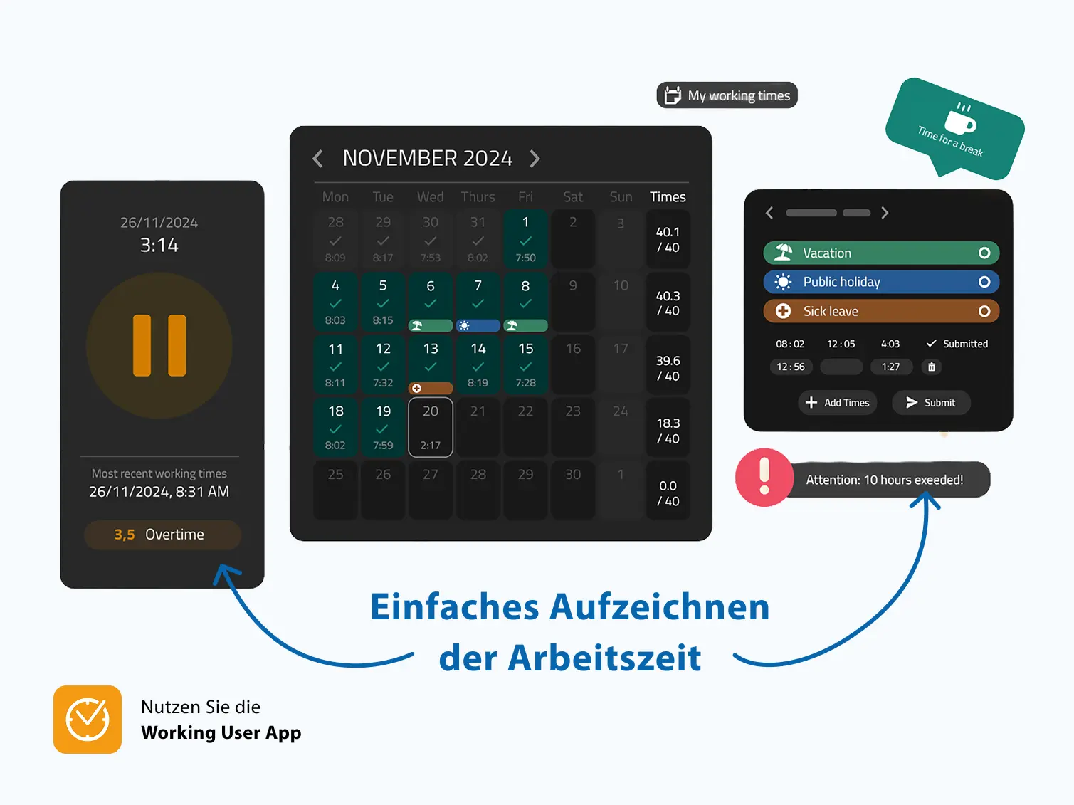 Digitale Zeiterfassung mit Kalender- und Pausenfunktion