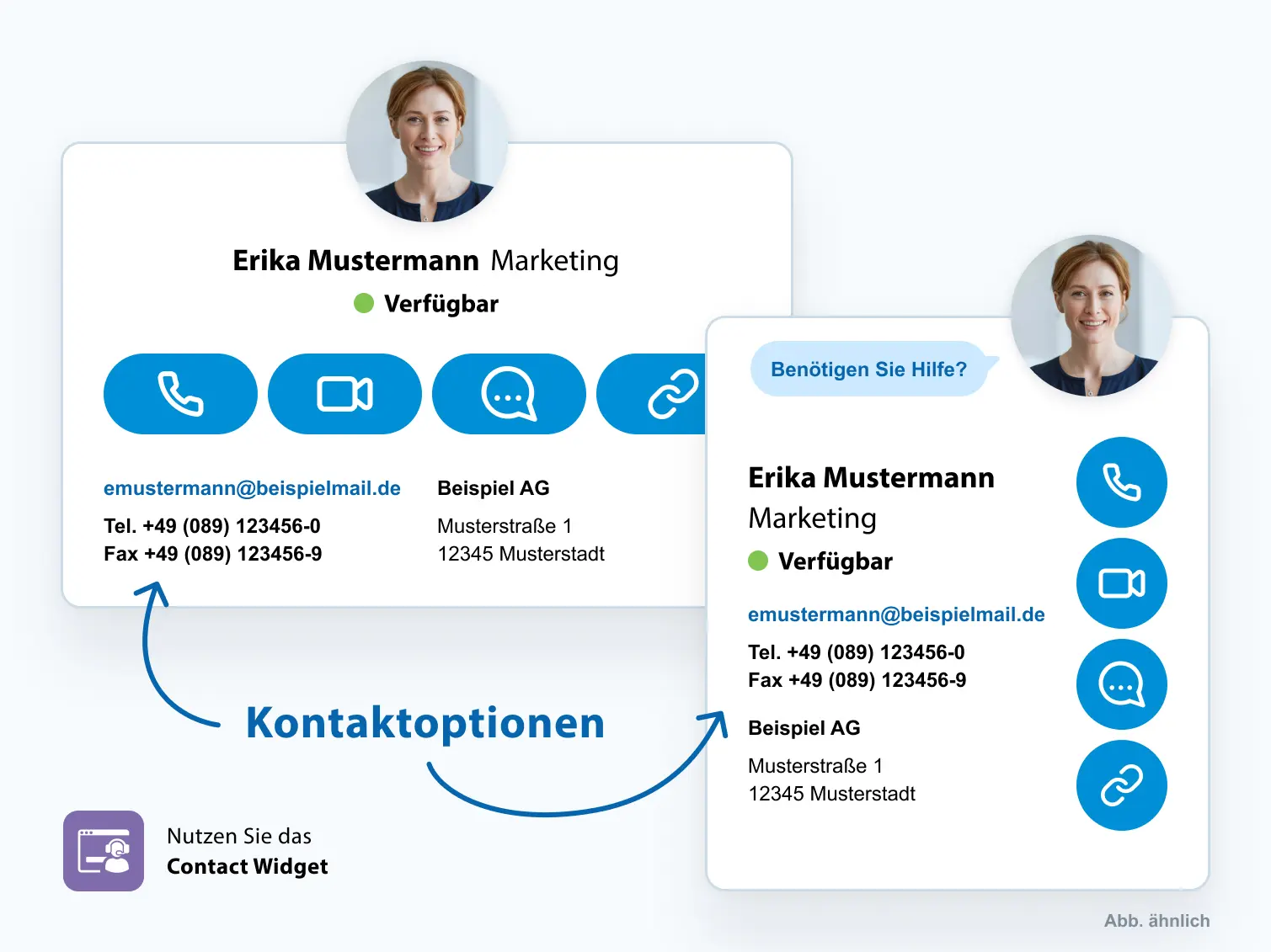 Kontakt-Widget mit Anruf-, Video- und Chat-Optionen