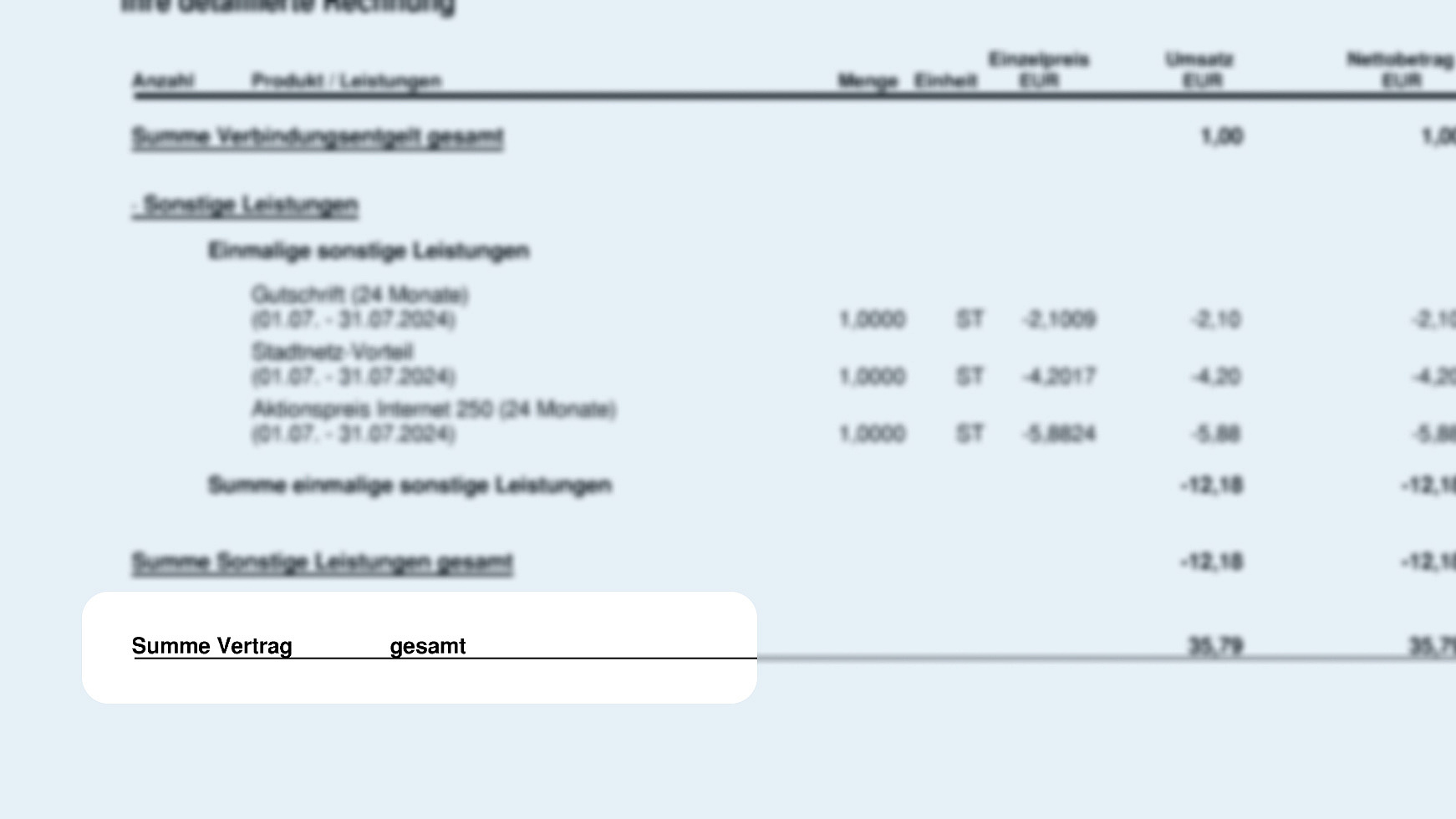 Ganz unten ist nochmal die Summe des Vertrags gesamt zusammengefasst