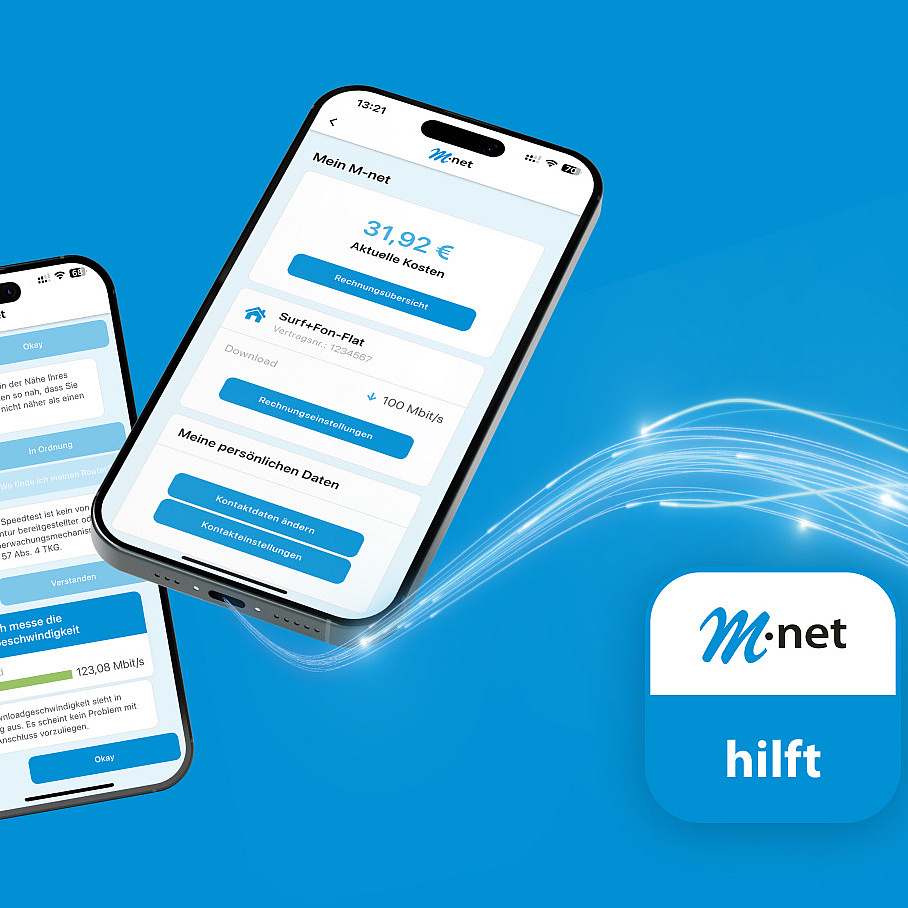 Mobiltelefon das einen Screen der M-net hilft App zeigt