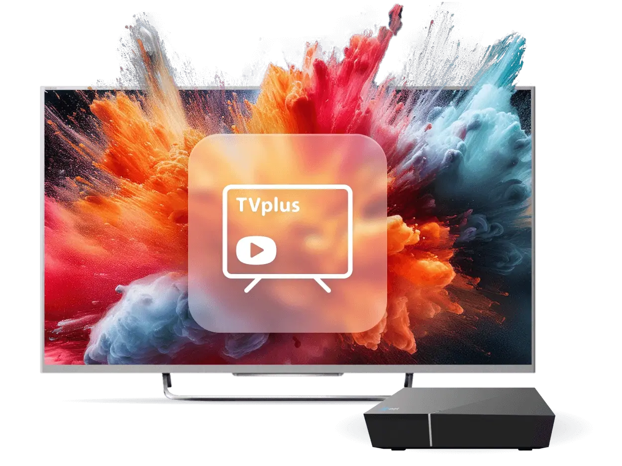 Stilisiertes Bild eines Fernsehers, aus dem Farben herausfliegen