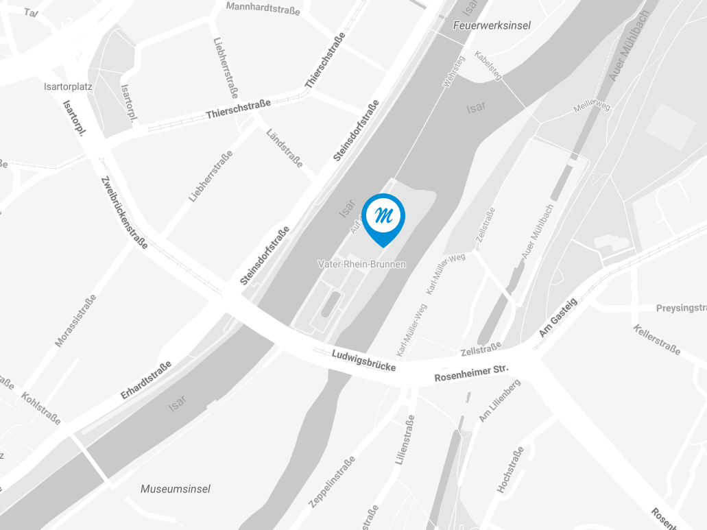 Kartenausschnitt Insel München Isar mit Vater Rhein Brücke