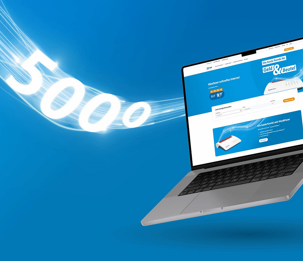 Ein Laptop vor blauem Hintergrund, es fliegt eine stilisierte "5000" aus dem Monitor