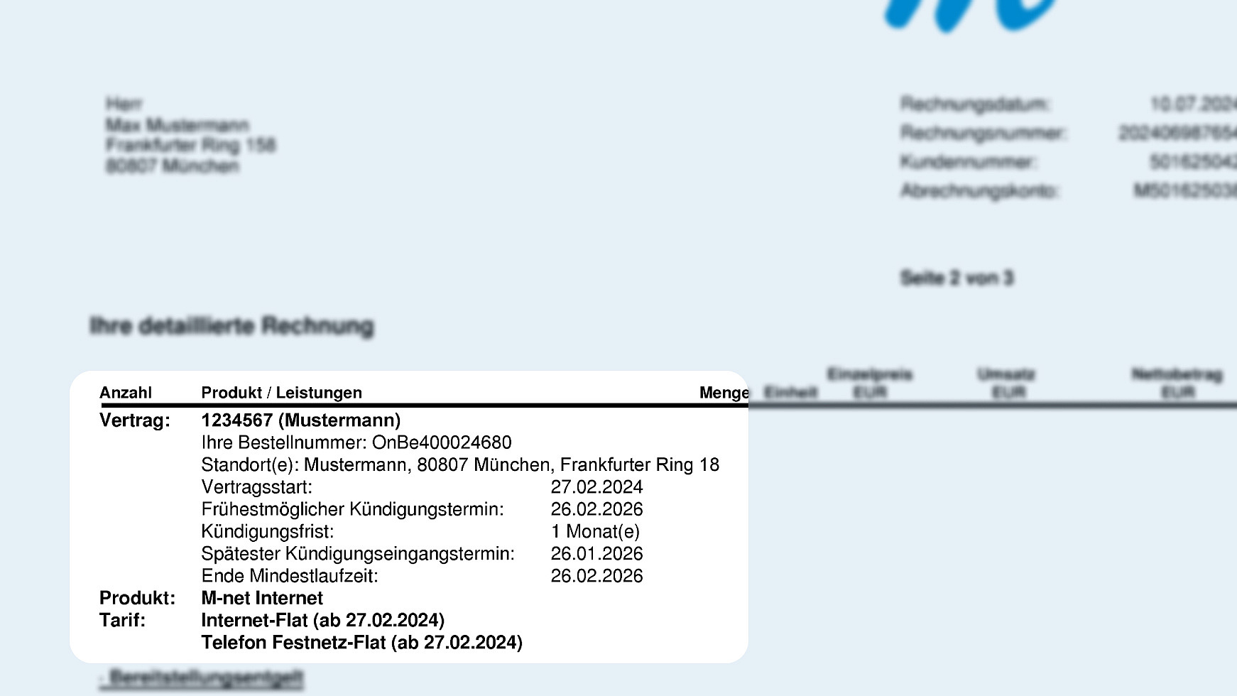 Im ersten Abschnitt der Rechnung findest du alle wichtigen Vertragsdaten, wie zum Beispiel der Vertragsstart.