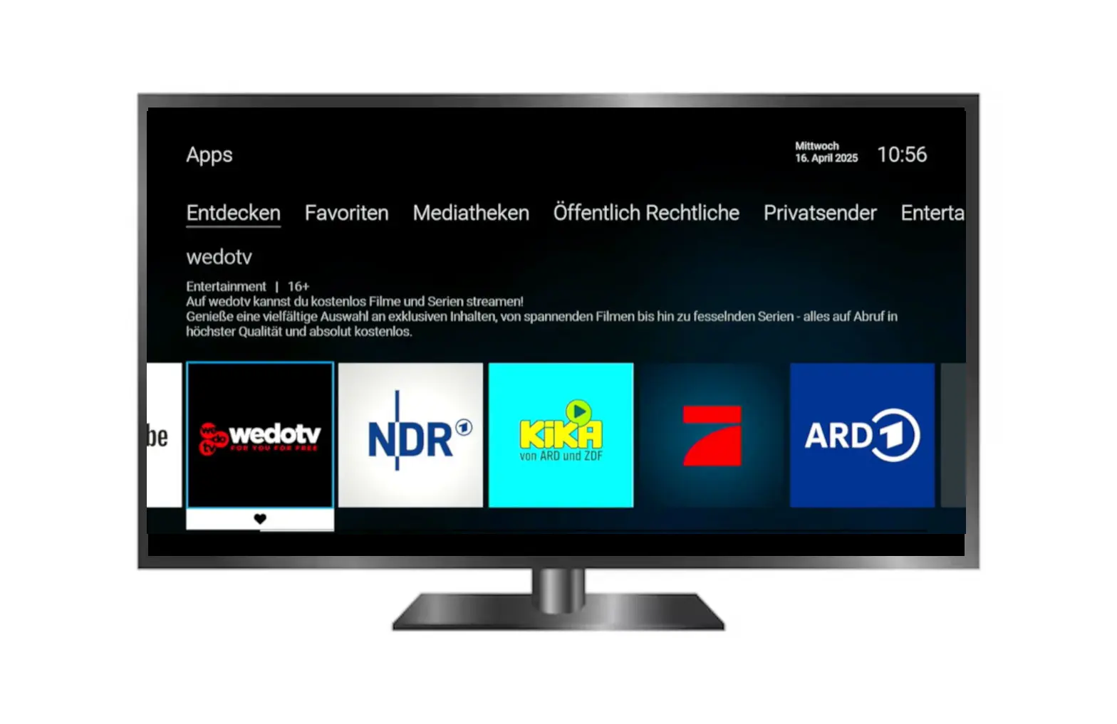 Ein Fernsehbildschirm, der die Anwenderoberfl&auml;che mit wedotv zeigt